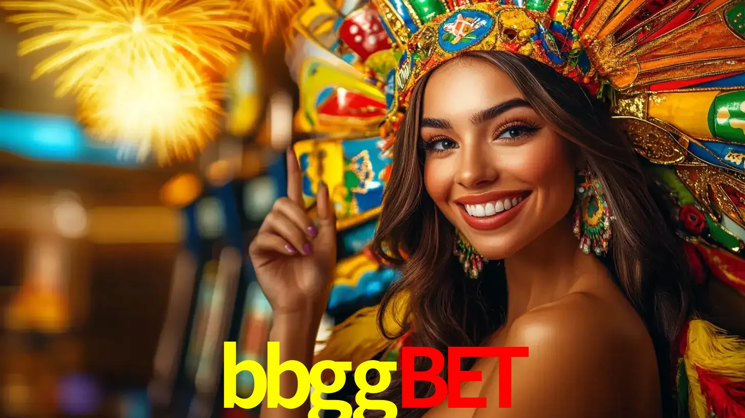 Mulher sorridente com um cocar de carnaval vibrante e colorido, celebrando uma grande vitória nos jogos do cassino bbggbet com fogos de artifício ao fundo.