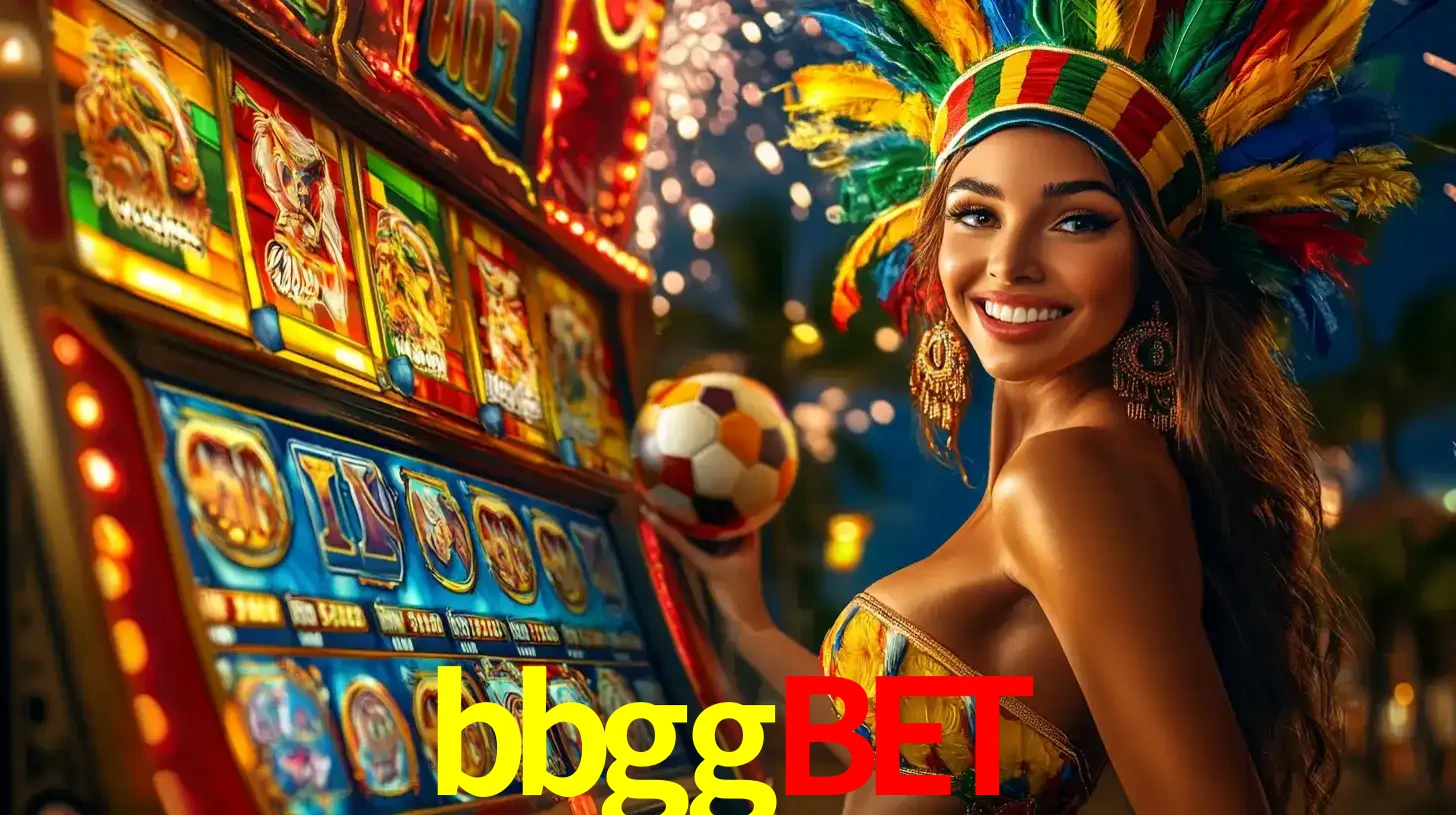 Mulher com um cocar de carnaval ao lado de uma máquina de caça-níqueis enquanto segura uma bola de futebol, mostrando a união da diversão de cassino e esportes no bbggbet.