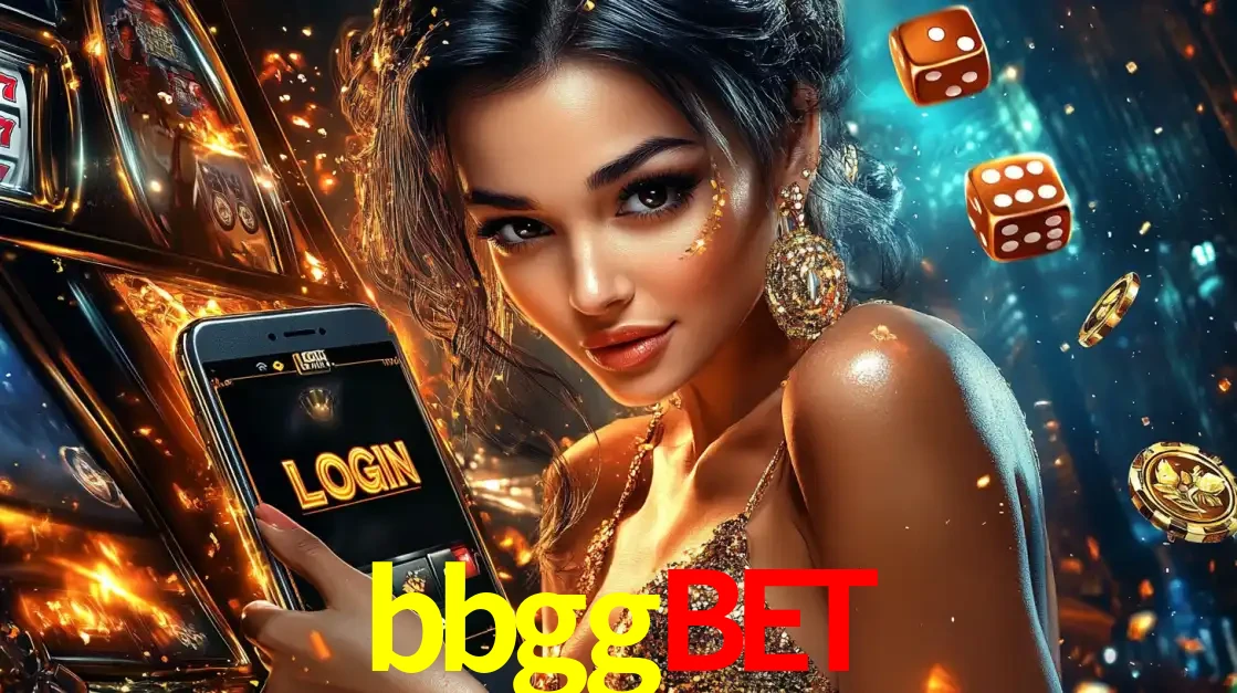 Mulher glamourosa segurando um celular com a tela de login do cassino bbggbet, rodeada por dados e moedas douradas, pronta para começar a diversão.