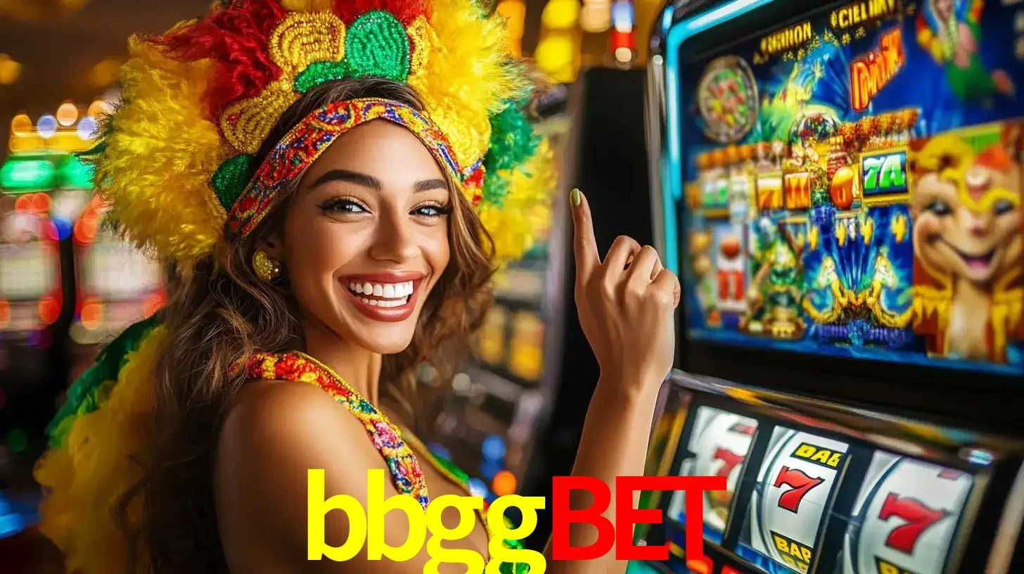 Mulher animada com um cocar de carnaval apontando para uma máquina de caça-níqueis, mostrando a emoção de ganhar um grande prêmio nos jogos do bbggbet.