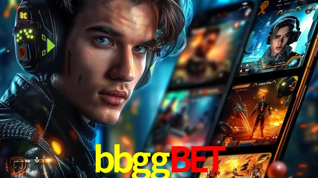 Jovem jogador com fones de ouvido olhando para a câmera, com um aplicativo de jogos e e-sports para celular ao fundo, pronto para a competição e apostas no bbggbet.