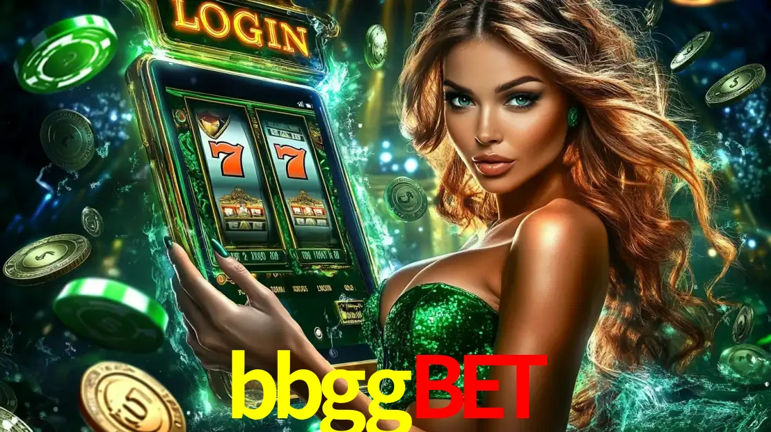 Mulher com tema verde apresentando o aplicativo do cassino bbggbet com um jogo de slot de 777, cercada por fichas de cassino e uma aura de sorte.