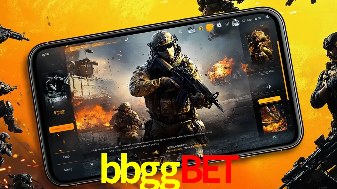 Um smartphone exibindo a interface de um jogo de tiro em primeira pessoa, com um soldado em um cenário de batalha, representando a ação dos e-sports para apostar no bbggbet.