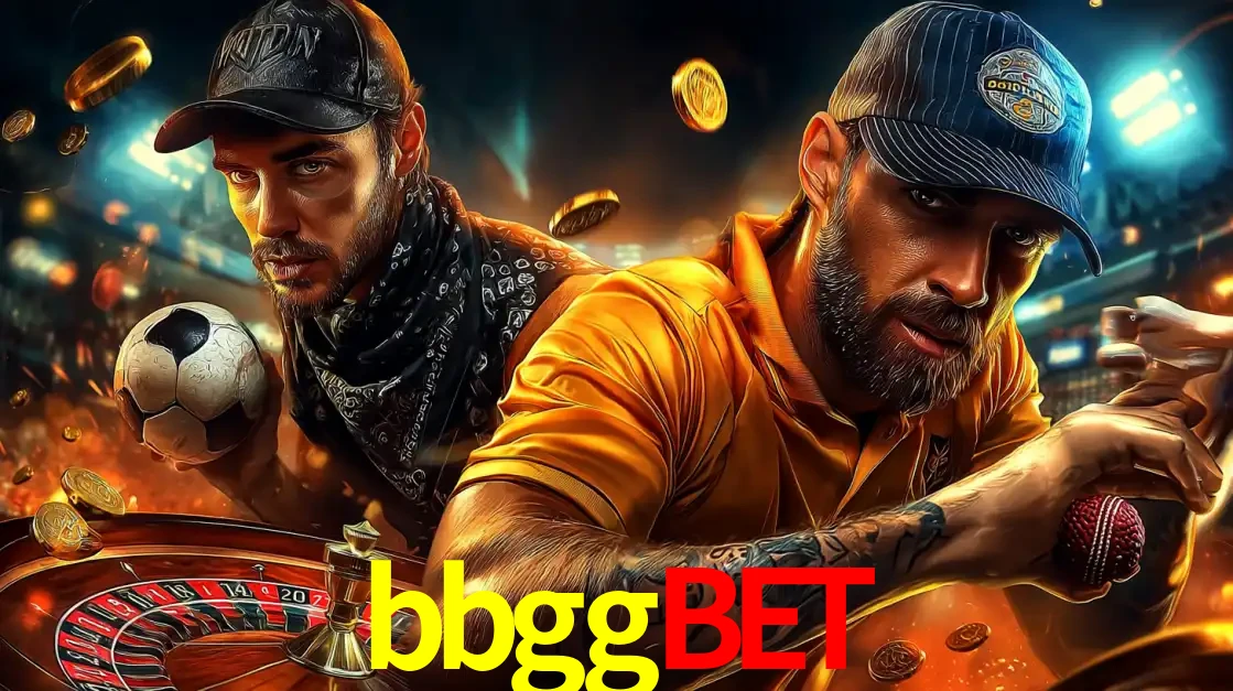 Montagem de apostas esportivas e cassino no bbggbet, com um homem segurando uma bola de futebol e outro uma de beisebol sobre uma roleta e moedas voadoras.