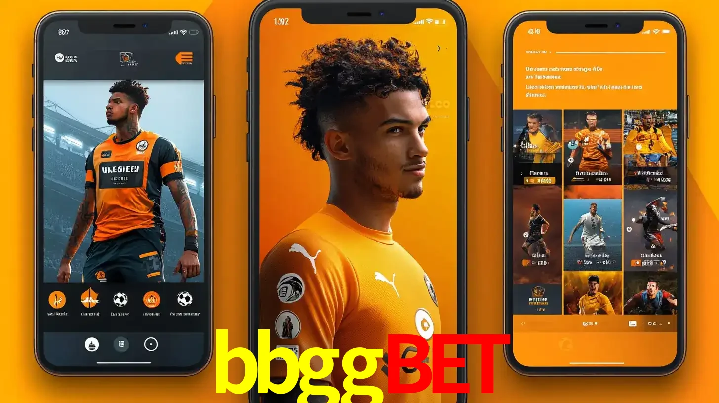 Interface do aplicativo de apostas esportivas bbggbet em três telas de celular, mostrando o perfil de um jogador de futebol e a lista de jogos disponíveis para apostar.