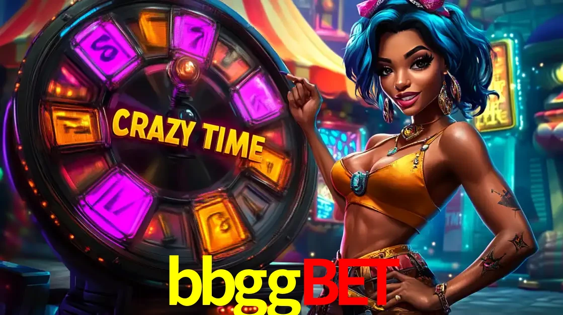 Mulher estilizada com cabelo azul e visual vibrante posando ao lado da roda de prêmios do game show Crazy Time, convidando para a diversão e os bônus do cassino bbggbet.