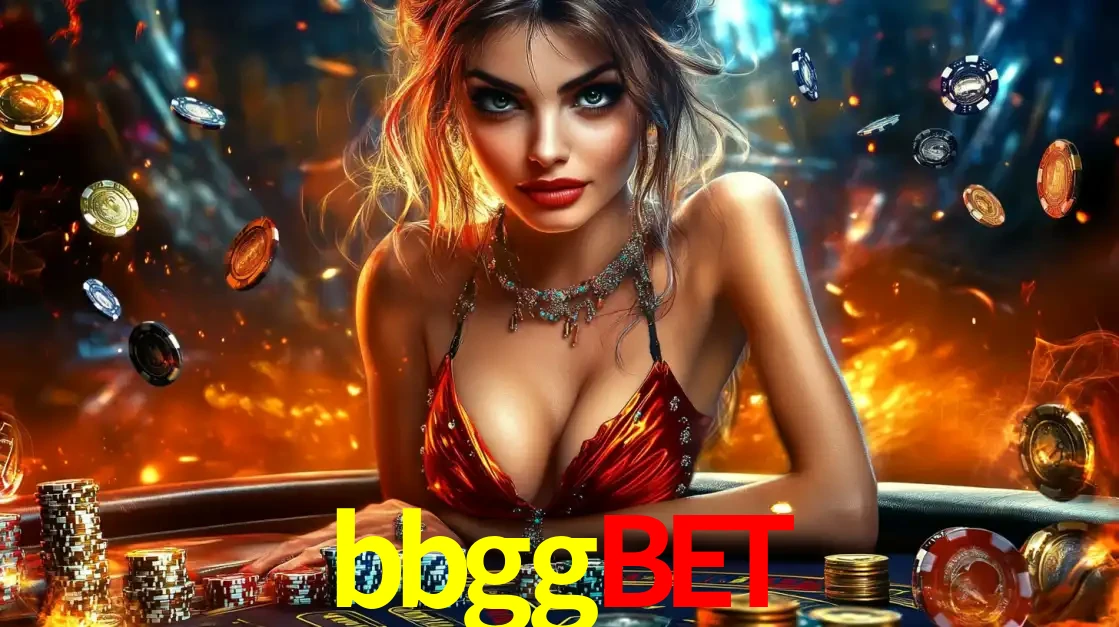 Mulher em uma mesa de cassino com pilhas de fichas e um fundo de fogo, pronta para uma rodada de altas apostas nos jogos de mesa emocionantes do cassino bbggbet.