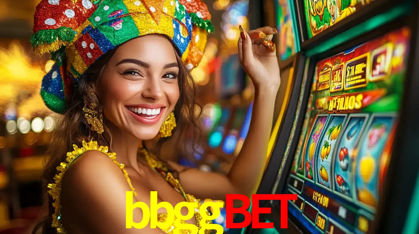 Mulher feliz com traje de carnaval amarelo e colorido ao lado de uma máquina de caça-níqueis, aproveitando a diversão e os jogos temáticos do cassino bbggbet.