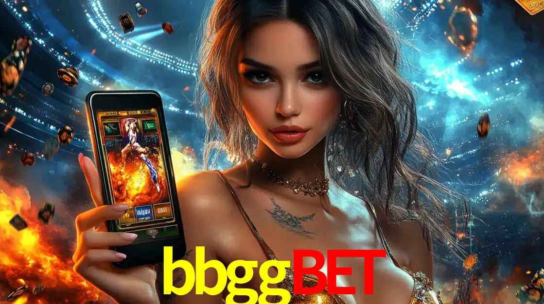 Mulher segurando um celular com um jogo de slot em destaque, tendo como fundo um estádio vibrante, simbolizando a emoção de jogar no cassino móvel bbggbet.