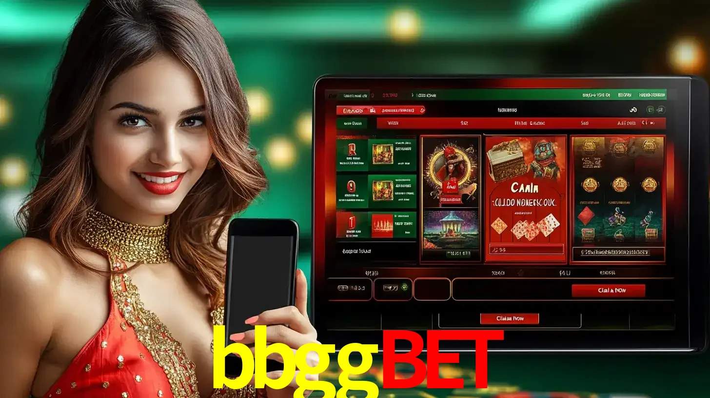 Mulher sorridente segurando um smartphone, ao lado de uma tela exibindo o lobby de jogos do cassino online bbggbet, com várias opções de jogos de cartas e slots.